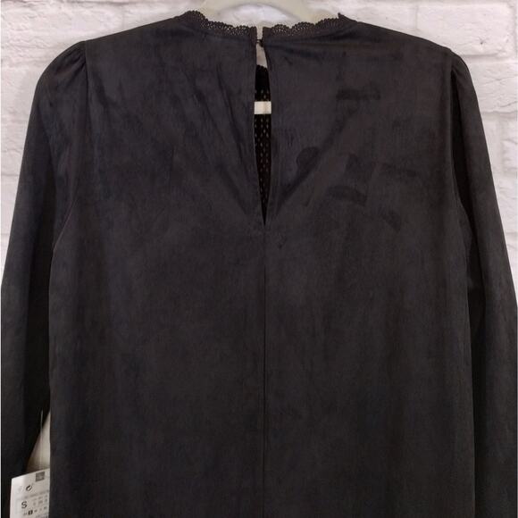 O Zara Womens Black Faux Suede Laser Cute Long Sleeve Mini Dress NWT Size S - Picture 12 of 13